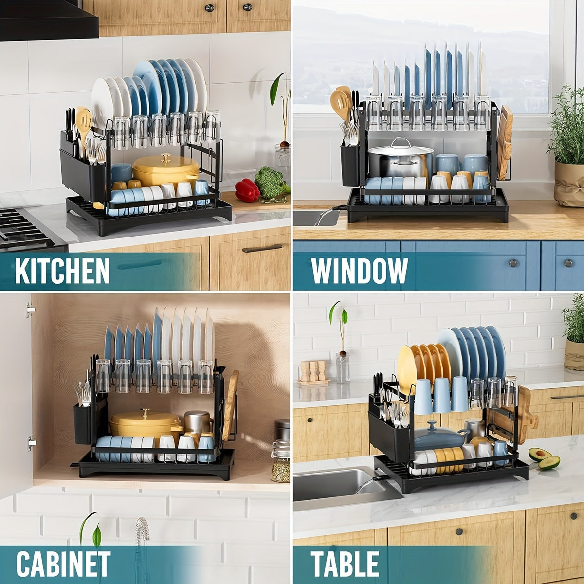 Égouttoir à vaisselle à 2 niveaux avec plateau d'égouttage pour comptoir de cuisine – Égouttoir en métal grande capacité avec plateau de récupération, organisateur pour assiettes, tasses et ustensiles, disponible en noir, blanc et gris