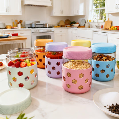 Lot de 6 bocaux en verre hermétiques de 475 ml avec gaines en silicone – Récipients de stockage alimentaire résistants à l'humidité pour thé, céréales, noix, snacks, épices et yaourts | Sans BPA