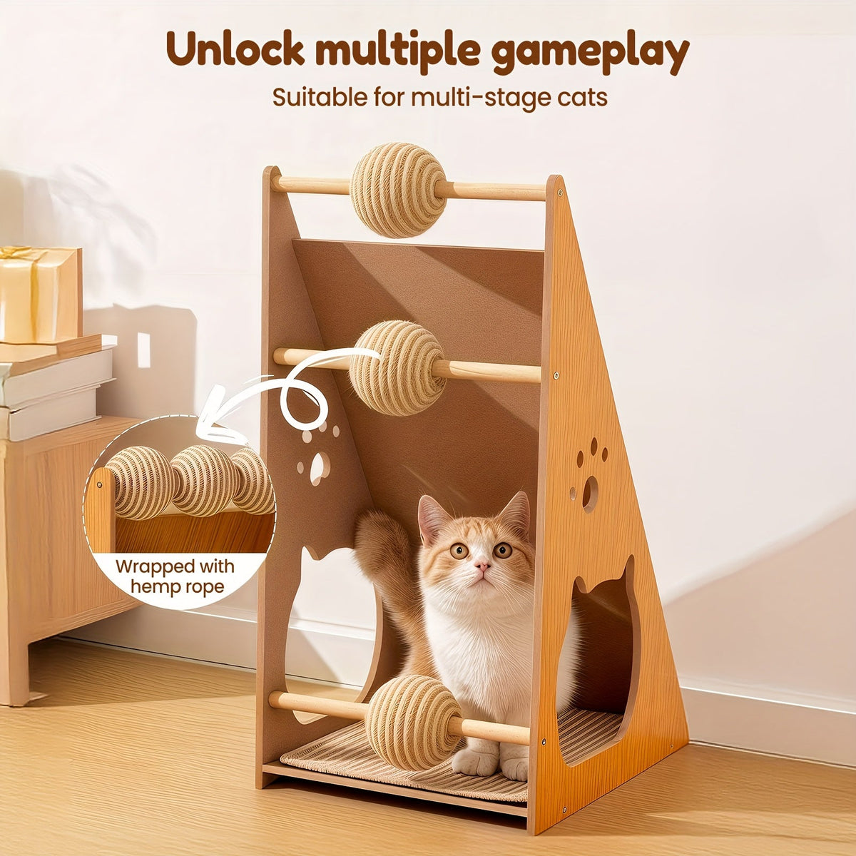 Griffoir pour chat en sisal de 27 pouces – Tapis de griffes multifonctionnel et résistant à l'usure, protège-meubles avec 3 balles de jeu, installation facile, griffoir d'intérieur pour chat