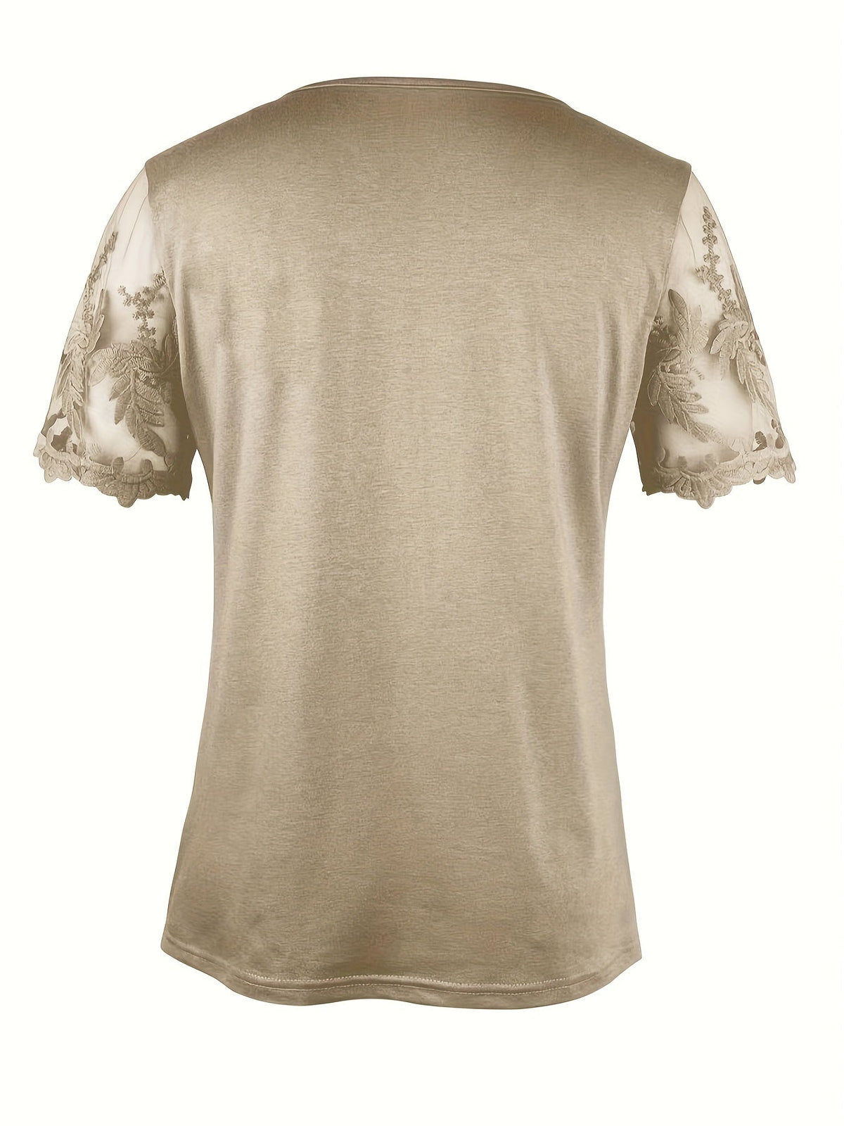 Haut à col carré et manches courtes pour femme – Tunique en dentelle brodée à motif maillé de couleur unie, chemisier élégant et décontracté pour l'été, tailles S-XXL, kaki