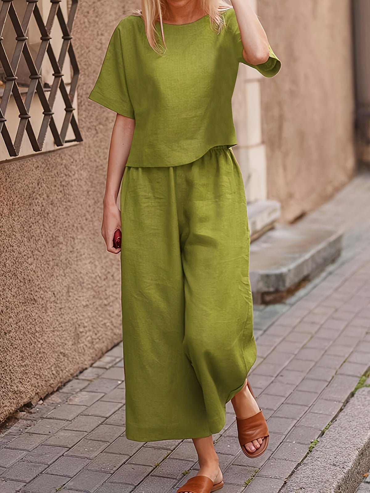 Ensemble tailleur pantalon 2 pièces pour femme, élégant et décontracté, haut à manches courtes et col rond, pantalon large, tenue ample toutes saisons, S M L XL XXL