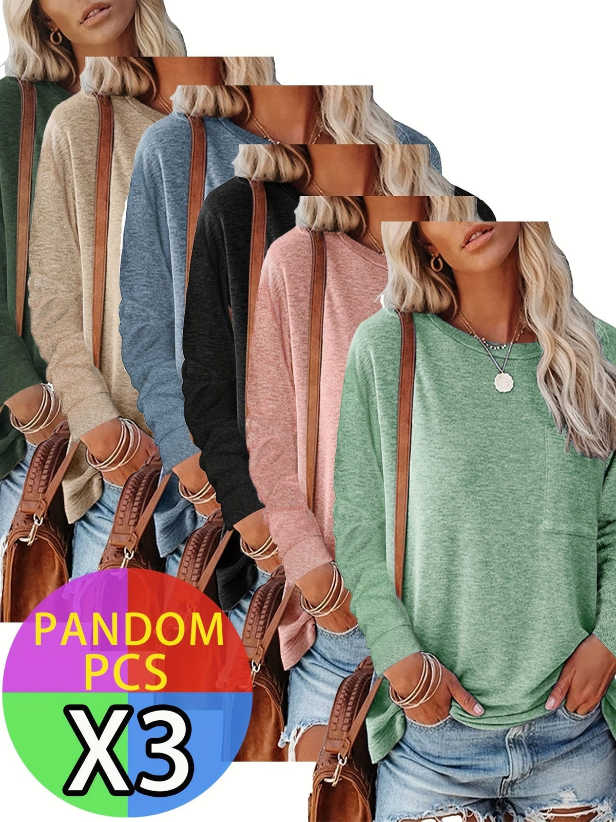 Lot de 3 t-shirts à manches longues pour femme, hauts basiques décontractés et doux avec poche poitrine et ourlet fendu – T-shirts chauds et confortables pour femme S M L XL XXL Automne Hiver