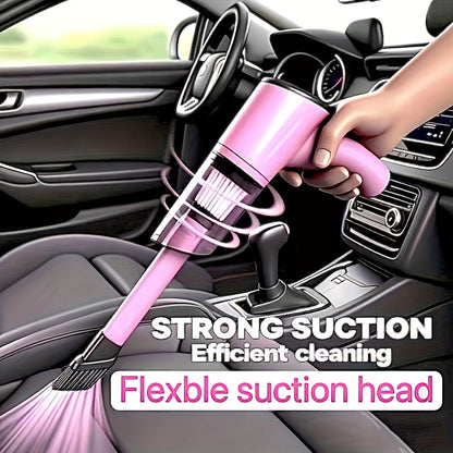 Mini aspirateur de voiture portable rose, forte aspiration, nettoyage humide et sec pour poils d'animaux, multifonctionnel, sans fil, design mignon pour femmes et filles
