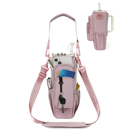 40oz Insulated Water Bottle Sling Bag with Straw Lid & Handle – Hands-Free Carrier with Phone Pocket Zippered Compartments Adjustable Strap for Dog Walking Gym Travel Outdoor Men Women