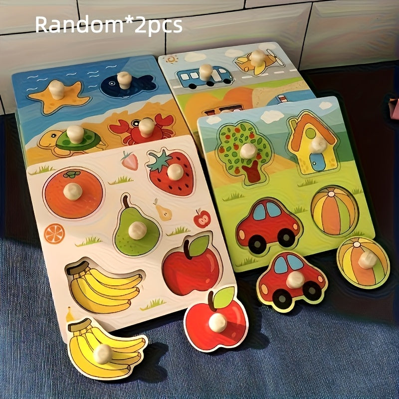 Planches d'identification en bois 3D pour enfants, 2 pièces – Puzzle à main à motif aléatoire, jouet d'éveil, activité Montessori de reconnaissance des formes et des motifs, cadeau de vacances pour tout-petits filles et garçons de 2, 3, 4 ans et plus