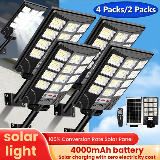Lampadaires solaires 400 LED 6500K étanches | Détecteur de mouvement, télécommande, éclairage solaire extérieur du crépuscule à l'aube pour parking, cour, allée, zone commerciale – Pack de 2 et Pack de 4