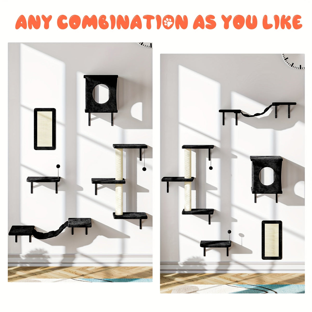 Ensemble de 5 étagères murales pour chats - Perchoir, grimpeur et pont flottants pour chats, mobilier moderne pour chats d'intérieur, alternative à l'arbre à chat avec plateforme de couchage, maison pour chat gain de place