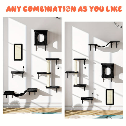 Ensemble de 5 étagères murales pour chats - Perchoir, grimpeur et pont flottants pour chats, mobilier moderne pour chats d'intérieur, alternative à l'arbre à chat avec plateforme de couchage, maison pour chat gain de place