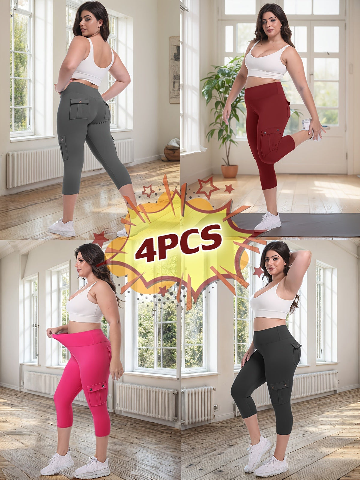Lot de 4 pantalons de yoga Capri taille haute pour femmes, extensible dans les 4 sens, galbant, gainant, 4 poches - Leggings de sport pour la course, S-XXL, toutes saisons