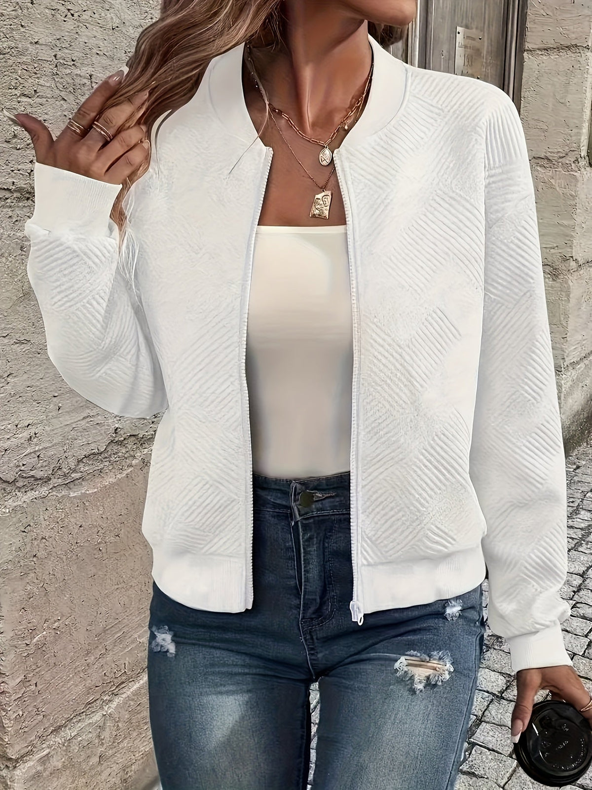 Veste zippée style baseball pour femme - Vêtement d'extérieur décontracté de couleur unie | Manteau sportif doublé en polyester avec bords-côtes, nouveauté mode automne-printemps