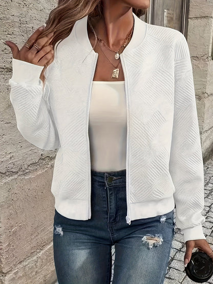 Veste zippée style baseball pour femme - Vêtement d'extérieur décontracté de couleur unie | Manteau sportif doublé en polyester avec bords-côtes, nouveauté mode automne-printemps