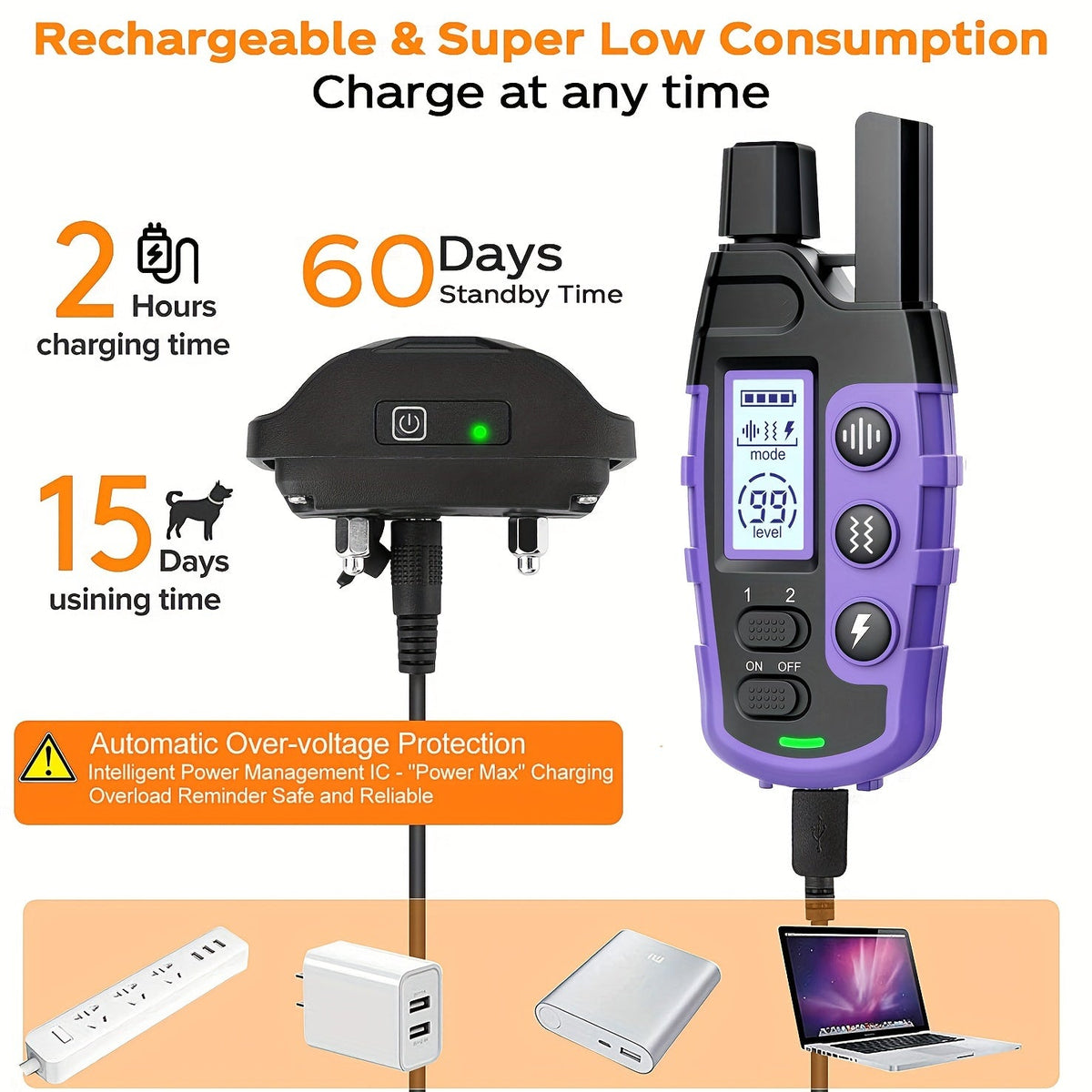 Collier de dressage pour chien avec télécommande – Portée de 1265 m, modes choc, vibration et bip, collier électrique rechargeable pour chiens de petite à grande taille (2 à 68 kg), options pour 1 ou 2 chiens, violet