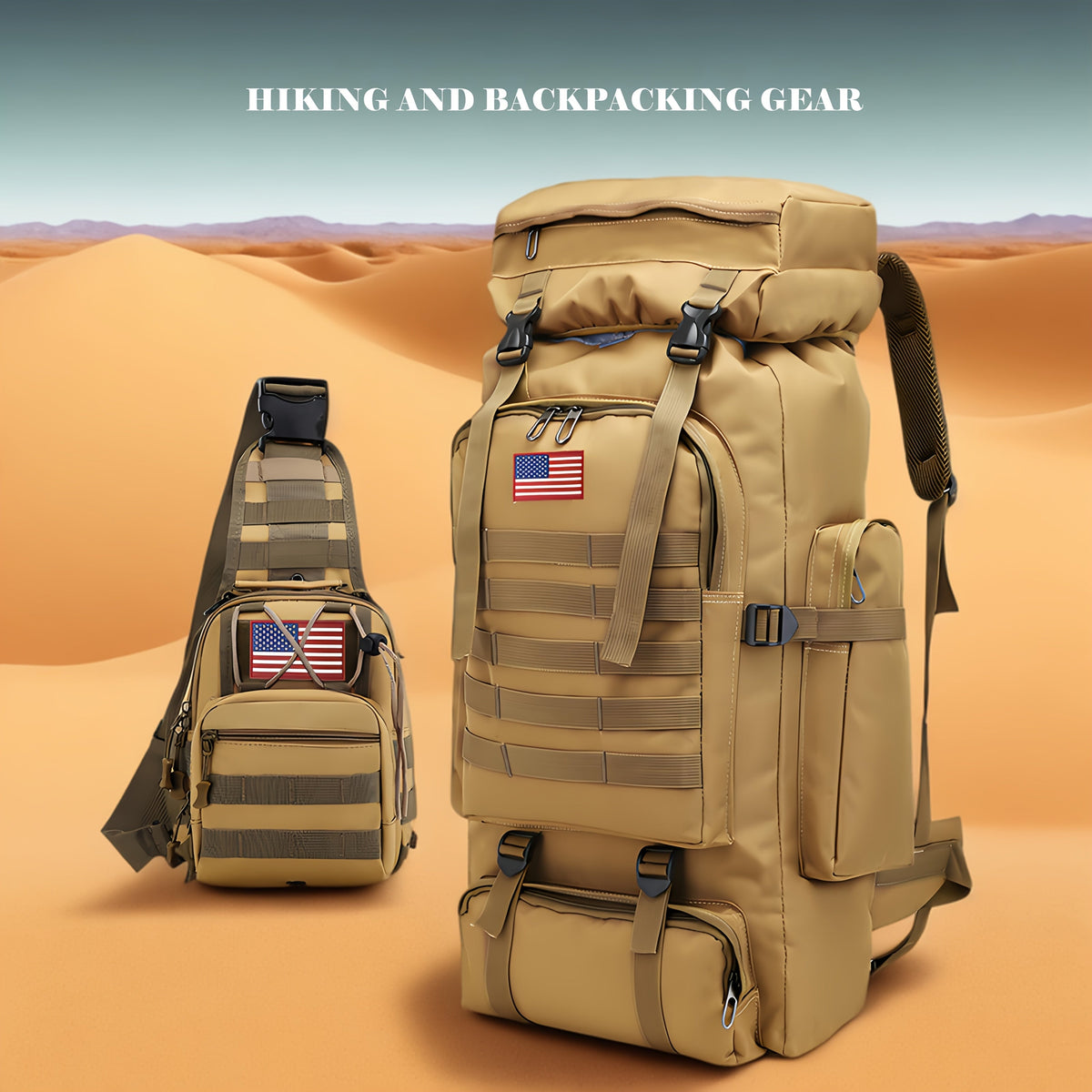 Ensemble tactique 2 pièces : Sac à dos et sac de poitrine - Sac d'assaut 80 L pour 3 jours pour homme, sac à dos militaire en polyester avec système MOLLE pour la randonnée, le camping, la chasse, les voyages et les sports de plein air