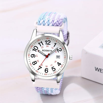 Montre de sport à quartz analogique avec grand cadran à calendrier et bracelet en nylon tressé – Montre-bracelet ronde à lecture facile avec cadran 24 heures pour hommes et femmes, bracelet élastique réglable et souple, 4 styles