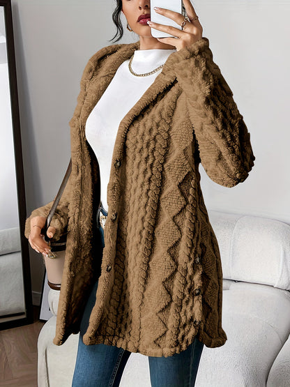 Women's Jacquard Plush Hooded Cardigan Coat – Warm Fuzzy Open Front Sweater Jacket for Autumn Winter