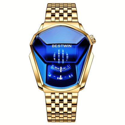 Montre à quartz pour homme avec cadran à strass bleus et bracelet en acier – Montre-bracelet tendance et professionnelle, doré et noir, cadeau pour lui