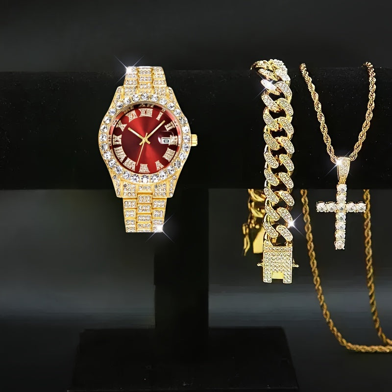 Men's Rhinestone Quartz Watch Necklace Bracelet Gift Set 3 or 4 Piece – Cross Necklace Jewelry Set for Men Football Fan Gear Birthday Holiday Gift Silver Gold