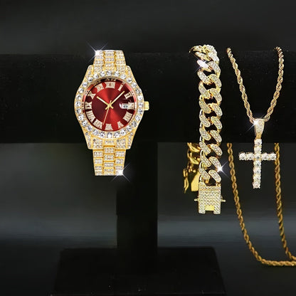 Men's Rhinestone Quartz Watch Necklace Bracelet Gift Set 3 or 4 Piece – Cross Necklace Jewelry Set for Men Football Fan Gear Birthday Holiday Gift Silver Gold
