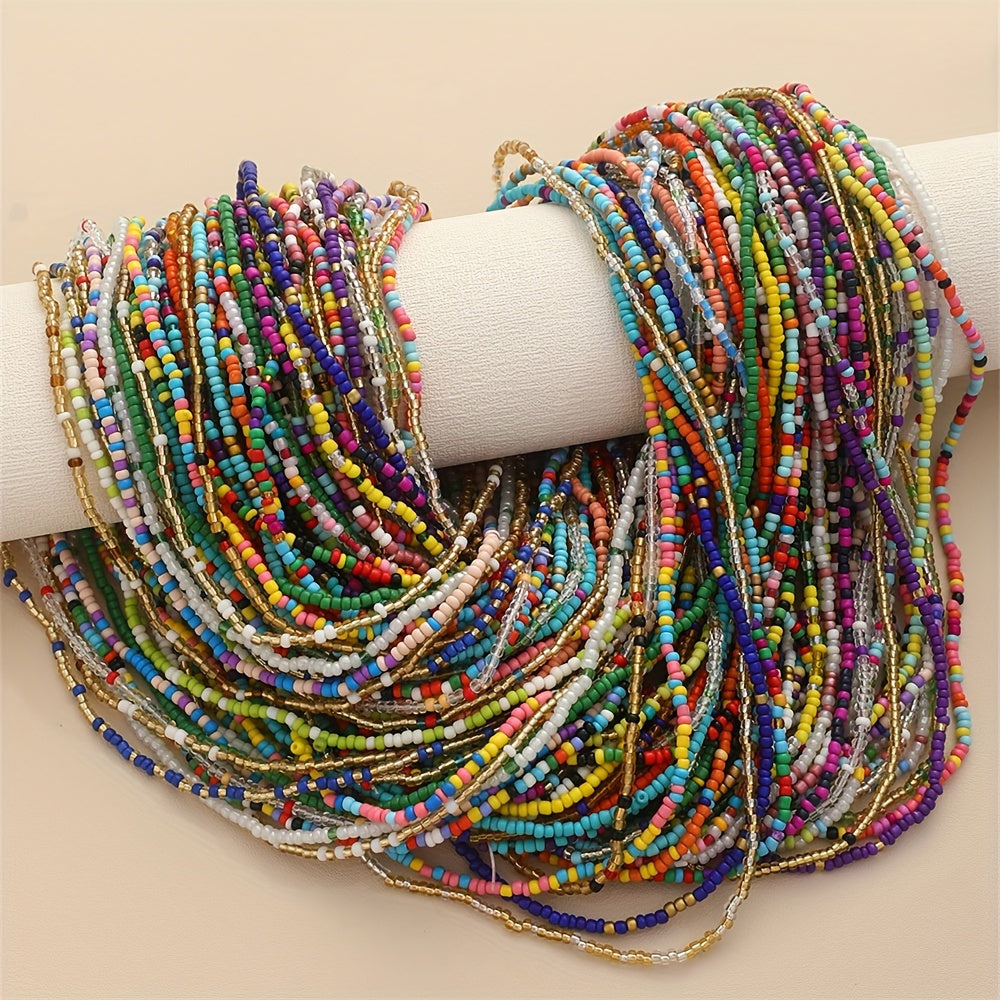 Ensemble de 20 colliers et chaînes de taille élastiques en perles de verre bohèmes colorées pour femmes, bijoux de corps style plage et bikini pour fête, vacances et festival