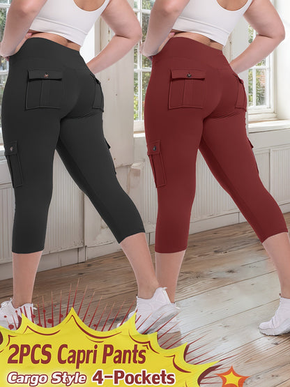Pantalon de yoga Capri taille haute, lot de 2 – Legging en élasthanne extensible dans les 4 sens, gainant et galbant, avec 4 poches, pantacourt de sport pour femme, 9 ensembles de couleurs, tailles S à XXL