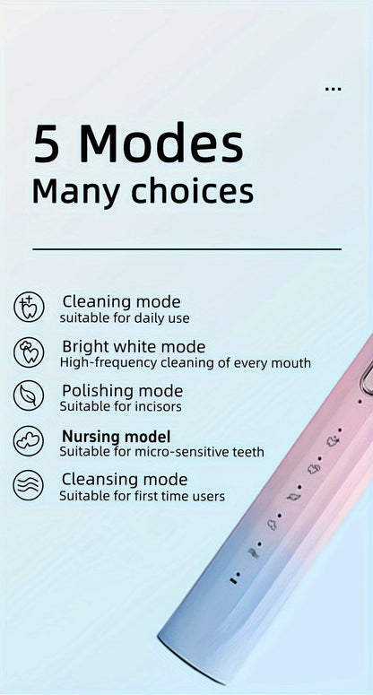 Sonic Electric Toothbrush IPX8 Waterproof USB Rechargeable with 5 Replacement Brush Heads Smart Timer Metal Shaft for Adults Men Women Couple Style Rechargeable Oral Care