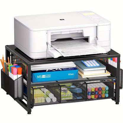 Support d'imprimante en métal pour bureau avec tiroir de rangement et 2 porte-stylos – Organisateur de bureau à 2 niveaux pour bureau à domicile, table d'imprimante polyvalente pour télécopieur, scanner et dossiers, bois et noir