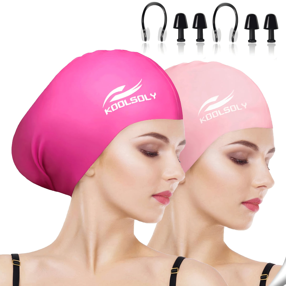 Lot de 2 bonnets de bain en silicone avec protection auditive pour cheveux longs – Inclut bouchons d'oreilles et pince-nez, ensemble de bonnet de bain étanche, 11 options de couleurs pour femmes, hommes et adultes