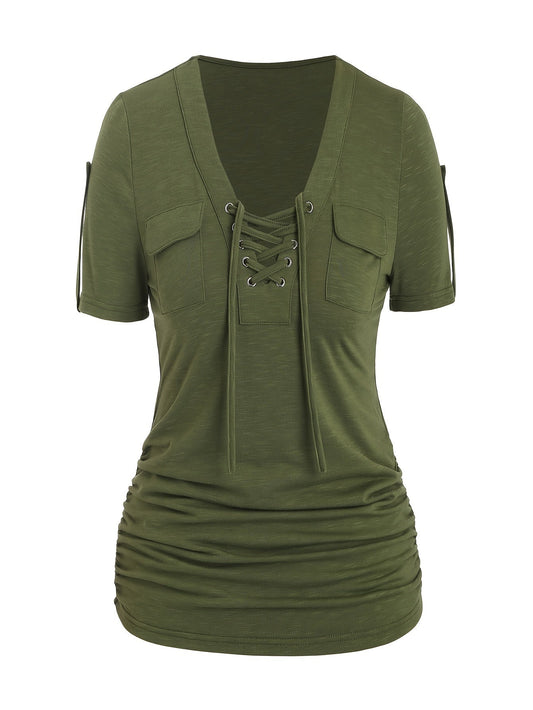 T-shirt décontracté pour femme à col en V, œillets sur le devant et brides, en maille lisse extensible, haut tendance pour le printemps, l'été et l'automne, idéal au quotidien, tailles S M L XL XXL