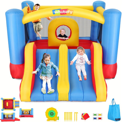 Château gonflable avec soufflerie pour enfants de 3 à 10 ans, grande structure de 3,6 x 2,7 m pour jardin avec double toboggan, parcours d'obstacles, vaste zone de saut, aire de jeu intérieure et extérieure pour fête d'anniversaire – Rouge, bleu, jaune