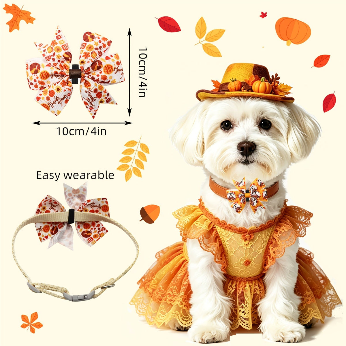 Lot de 60 nœuds papillon de Thanksgiving pour collier de chien - Motifs feuilles d'automne et dindes, accessoires de toilettage amovibles pour chiens, accessoires de fête à faire soi-même pour salons de toilettage et usage domestique, taille unique.
