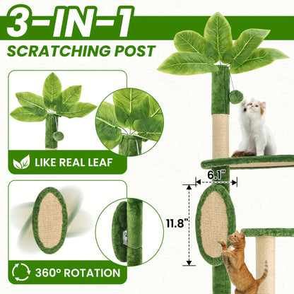 Arbre à chat de 140 cm pour chats d'intérieur avec feuilles vertes – Grande tour à chat multi-niveaux avec hamac, poteaux à griffer en sisal, jouet à suspendre, mobilier pour chat pour salon et chambre
