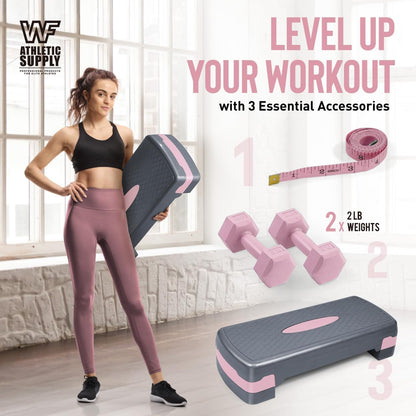 Ensemble de step aérobique réglable en hauteur avec 2 haltères et ruban à mesurer – Plateforme d'exercice antidérapante avec rehausseurs, capacité de 550 lb, équipement de gym à domicile pour cardio et perte de poids