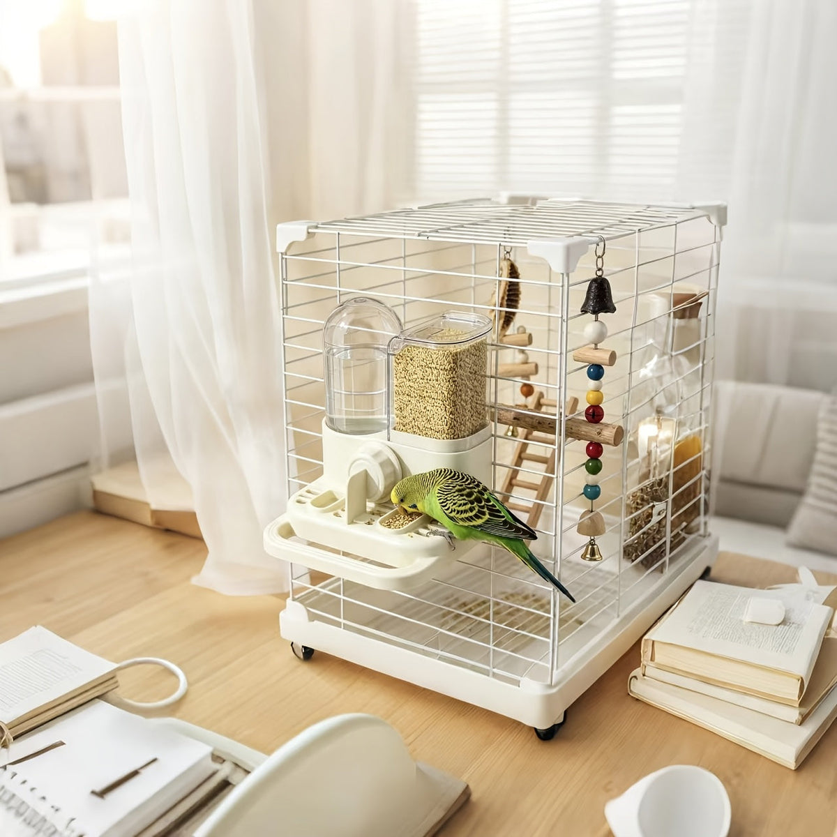 Mangeoire et abreuvoir 2-en-1 suspendus avec perchoir - Récipient multifonction pour nourriture et eau pour oiseaux en cage, sans électricité, accessoire pour perruches et petits oiseaux