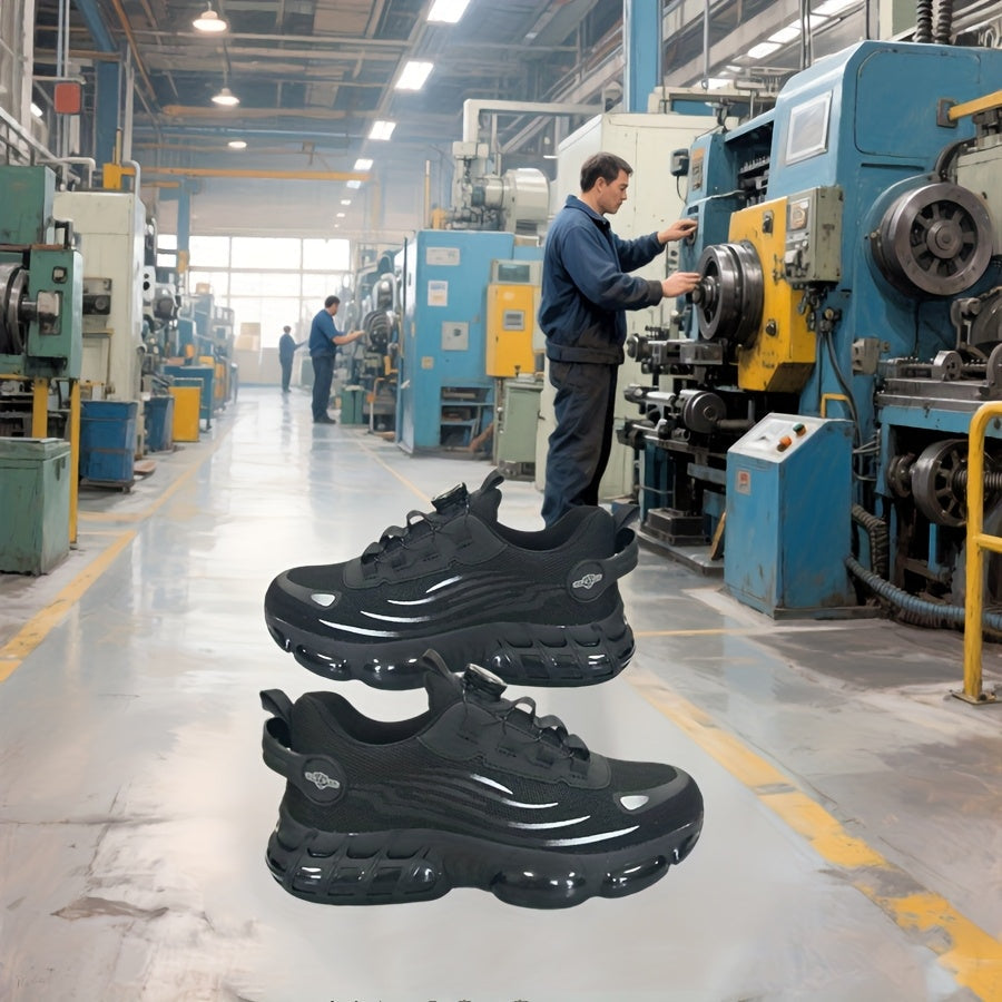 Chaussures de sécurité à embout d'acier pour hommes et femmes – Baskets de protection légères et respirantes avec semelle antidérapante, bout rond, coupe basse – Idéales pour la construction, l'entrepôt, l'extérieur et le camping (Noir/Gris, US 5–12,5)
