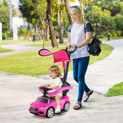 Voiture porteur 3-en-1 sous licence Mercedes-Benz pour tout-petits de 18 à 36 mois, voiture coulissante pour enfants avec volant sonore, barre de poussée, auvent réglable et rangement sous le siège - Cadeau de poussette trotteur rose