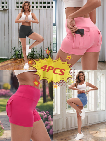 Ensemble de 4 shorts de yoga ultra-extensibles pour femmes – Shorts de fitness galbants à séchage rapide avec taille élastique et 2 poches, short de sport uni pour la gym, la course et le Pilates, S-XXL