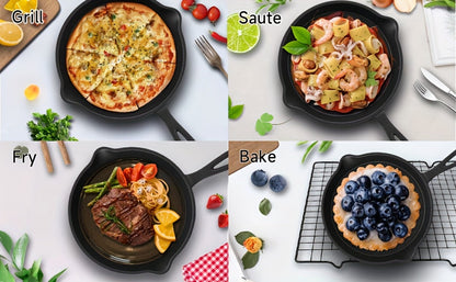 Ensemble de 3 poêles en fonte avec bec verseur – Batterie de cuisine robuste antiadhésive pré-culottée pour les repas de fêtes, le camping en VR, les repas au feu de camp, compatible four et plaque de cuisson, cadeau de cuisine