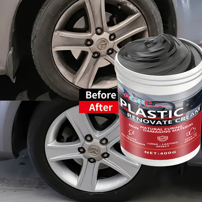 Cire rénovatrice pour plastiques de voiture 400 g – Polish haute brillance résistant aux UV pour tableau de bord, pare-chocs, pneus et garnitures extérieures, pâte de detailing intérieur et extérieur anti-décoloration, séchage rapide non gras