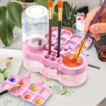 Nettoyant pour pinceaux 6-en-1 amélioré avec bac de drainage, porte-pinceau et outil de nettoyage à circulation d'eau pour peinture acrylique, aquarelle et peintures à l'eau, fournitures d'art pour artistes, bleu et violet