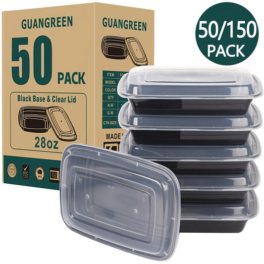 28oz Meal Prep Containers 50 & 150-Pack with Lids – BPA-Free Leakproof 1-Compartment Disposable Plastic Bento Lunch Box, Stackable, Microwave Dishwasher Freezer Safe Food Storage