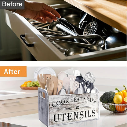 Organisateur d'ustensiles de cuisine rustique en bois avec poignée et 3 compartiments – Rangement pour comptoir ou mural pour outils de cuisine, de pâtisserie et de salle à manger – Rangement de cuisine style ferme en blanc et noir