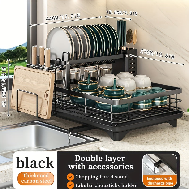 Égouttoir à vaisselle en métal à 2 niveaux avec porte-couverts, porte-gobelets et plateau d'égouttage antirouille – Égouttoir compact pour plan de travail de cuisine, égouttoir en acier durable pour tous types de surfaces