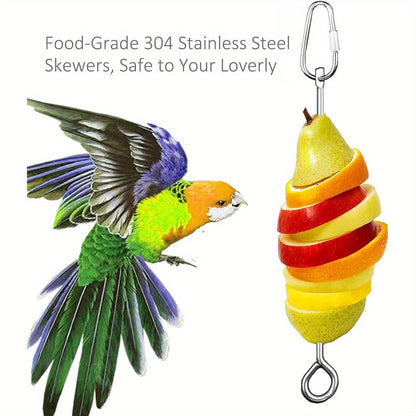 Brochette en acier inoxydable pour fruits et légumes - Distributeur de nourriture pour cage d'oiseau - Jouet de recherche de nourriture avec mousqueton pour perruche, calopsitte, conure, ara - Accessoire de nourrissage pour cage d'oiseau, 25 cm