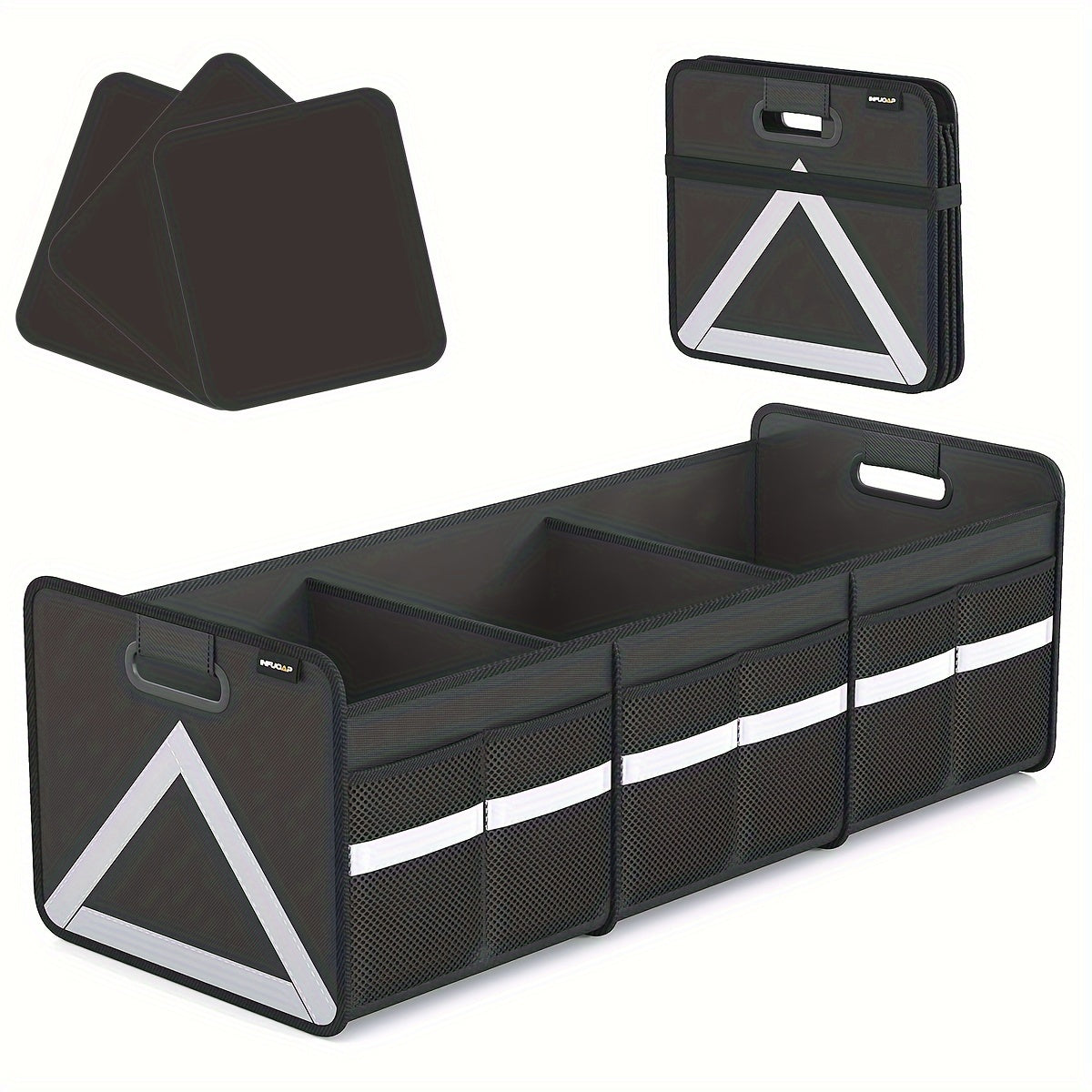 Organisateur de coffre de voiture robuste et pliable avec rangement multi-poches et bande réfléchissante – Gain de place rétractable pour voiture, SUV et monospace – Fermeture éclair sécurisée – Velora