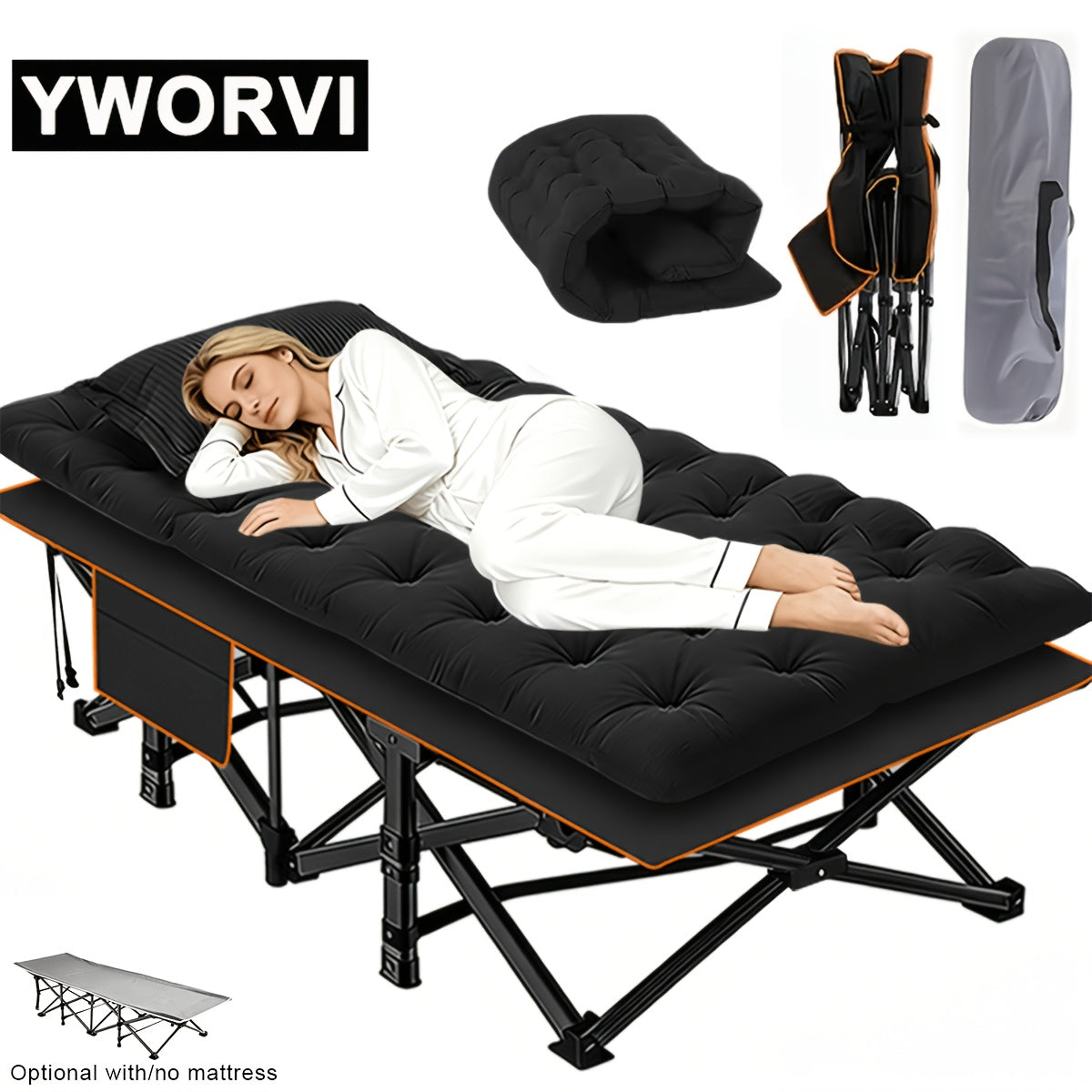 Lit de camping pliant avec matelas et poches latérales – Lit de camp portable robuste pour adultes, lit d'appoint pliable pour le camping, l'extérieur, la terrasse, le bureau ou la chambre d'amis