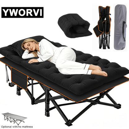 Lit de camping pliant avec matelas et poches latérales – Lit de camp portable robuste pour adultes, lit d'appoint pliable pour le camping, l'extérieur, la terrasse, le bureau ou la chambre d'amis