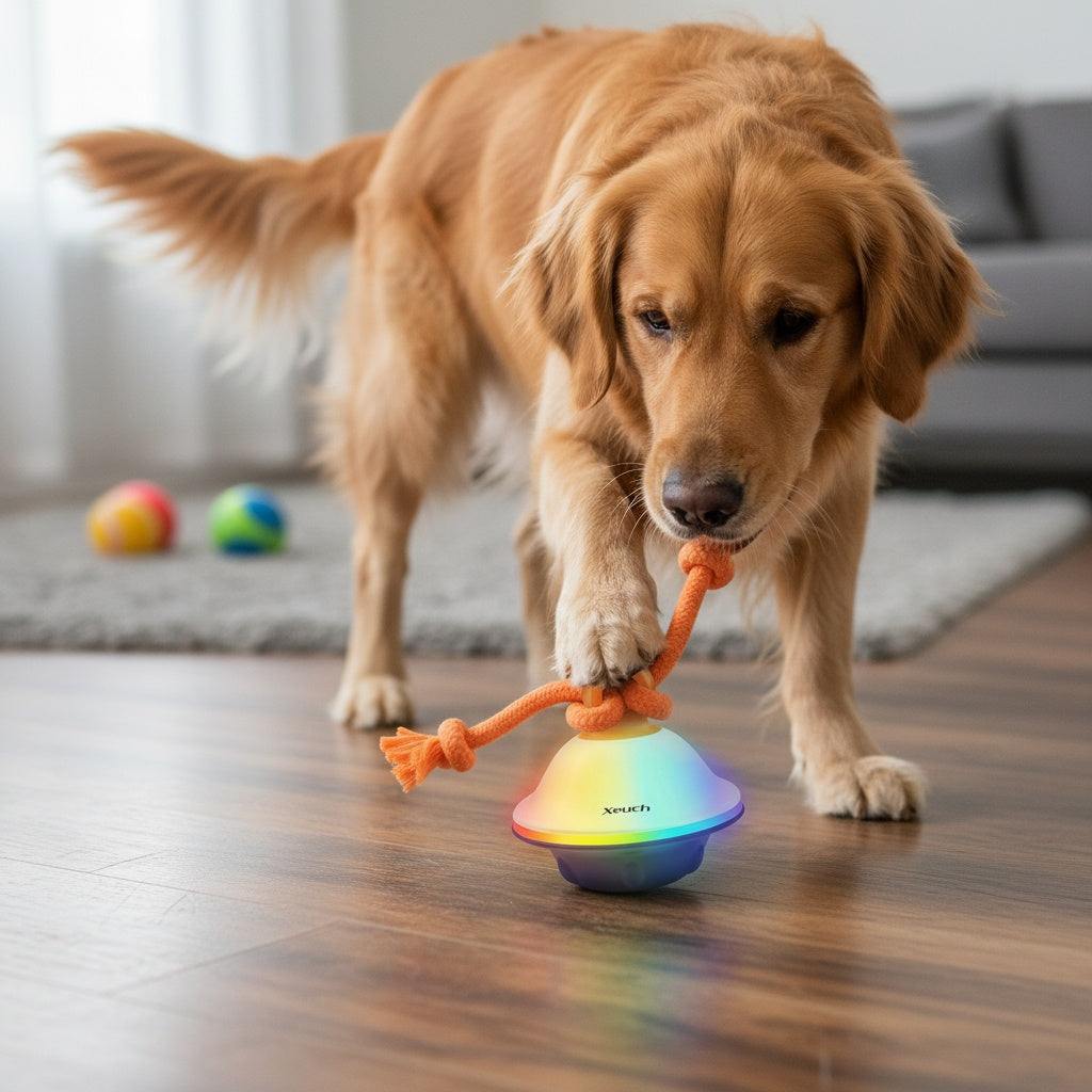 Jouet balle roulante automatique pour chien avec corde, activé par le mouvement, enregistrement vocal, rechargeable par USB, jouet interactif stimulant pour petits et moyens chiens, anti-ennui, gris et blanc