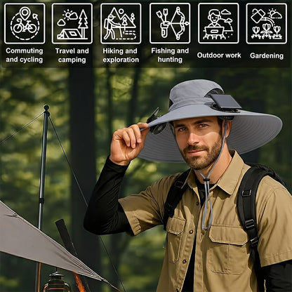 Chapeau de soleil à larges bords avec ventilateurs solaires – 2 ventilateurs solaires intégrés, vitesse du vent réglable, maille respirante, chapeau d'extérieur anti-UV avec mentonnière pour la pêche, le camping et les voyages