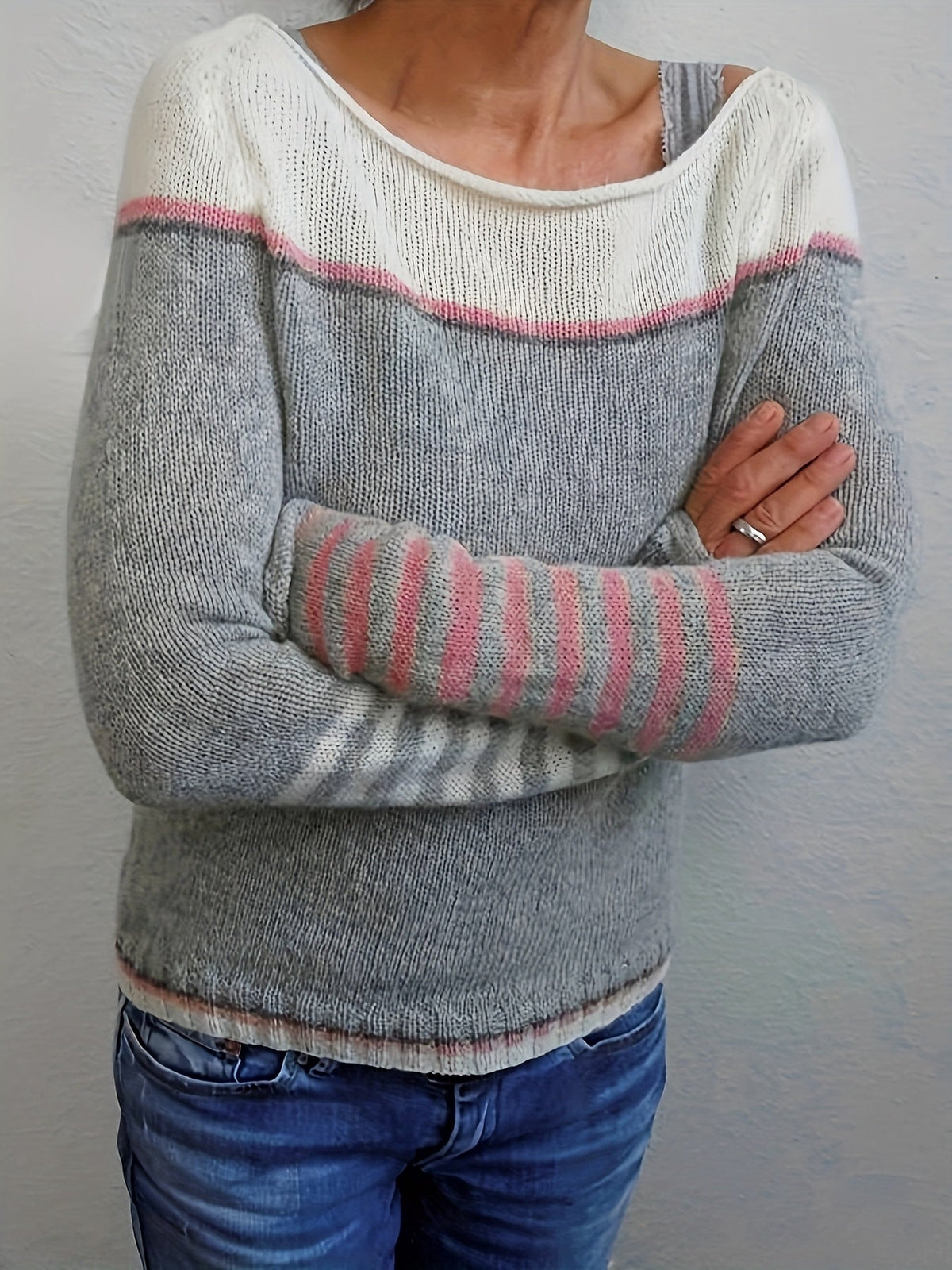 Pull en maille asymétrique pour femme à rayures et blocs de couleurs, manches longues, encolure large épaules dénudées, haut décontracté chic pour printemps et automne, gris bleu vert violet S-XL