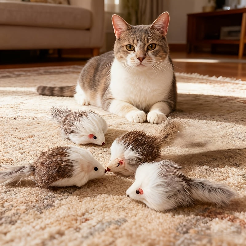 Lot de 3 ou 5 souris en peluche pour chat - Jouets souris réalistes à poils longs avec corps en plastique bicolore, jouets interactifs d'intérieur pour l'exercice des chatons et des chats adultes
